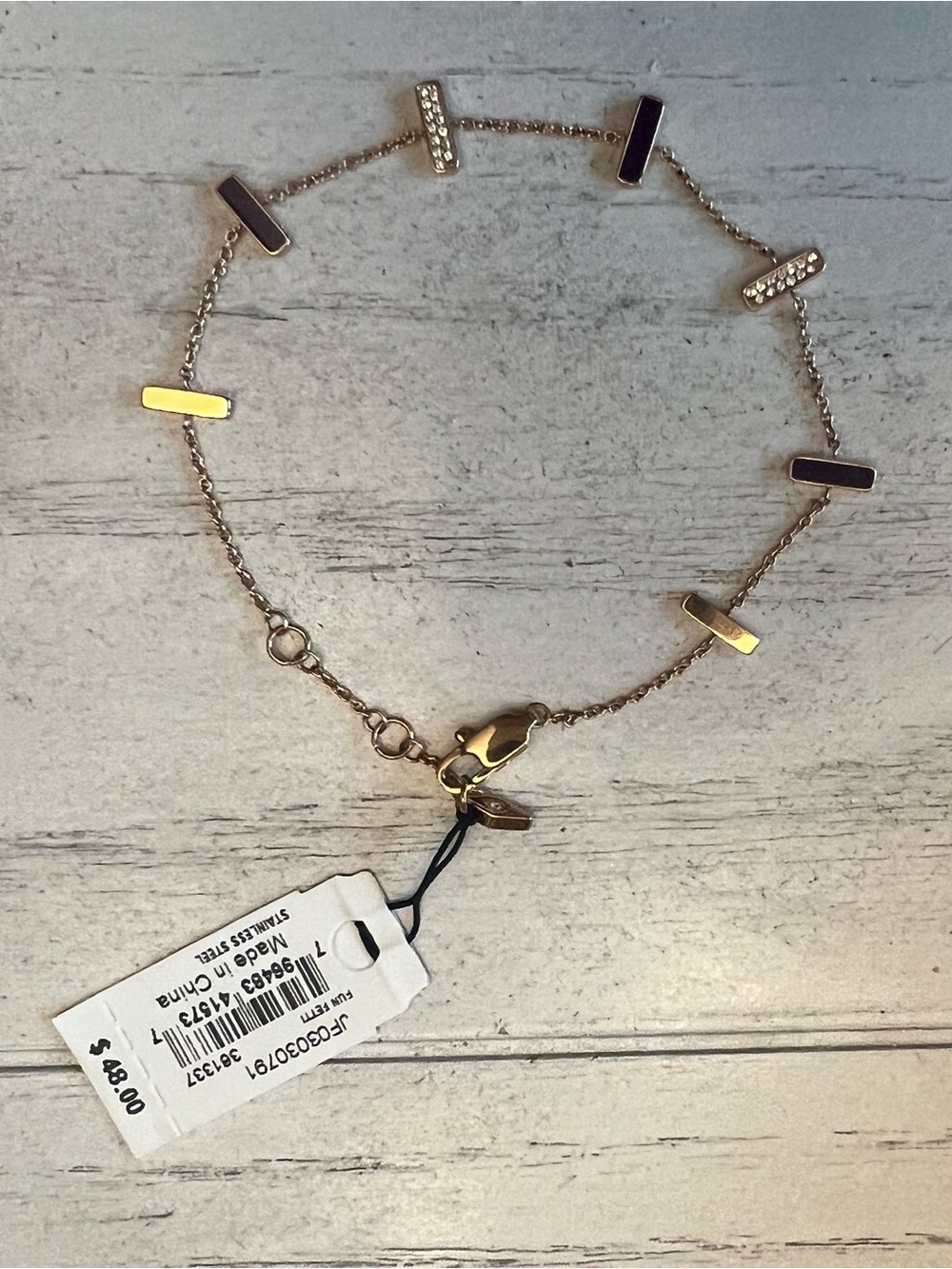 Fossil Gold-Tone Bar Station Bracelet with Pave Stones and Enamel Accents- NWT!